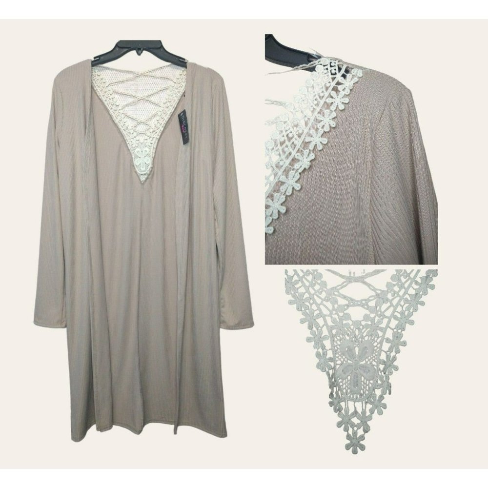 Ribbed Knit Beige Cardigan Duster with Crochet Applique Detail all sizes avail.